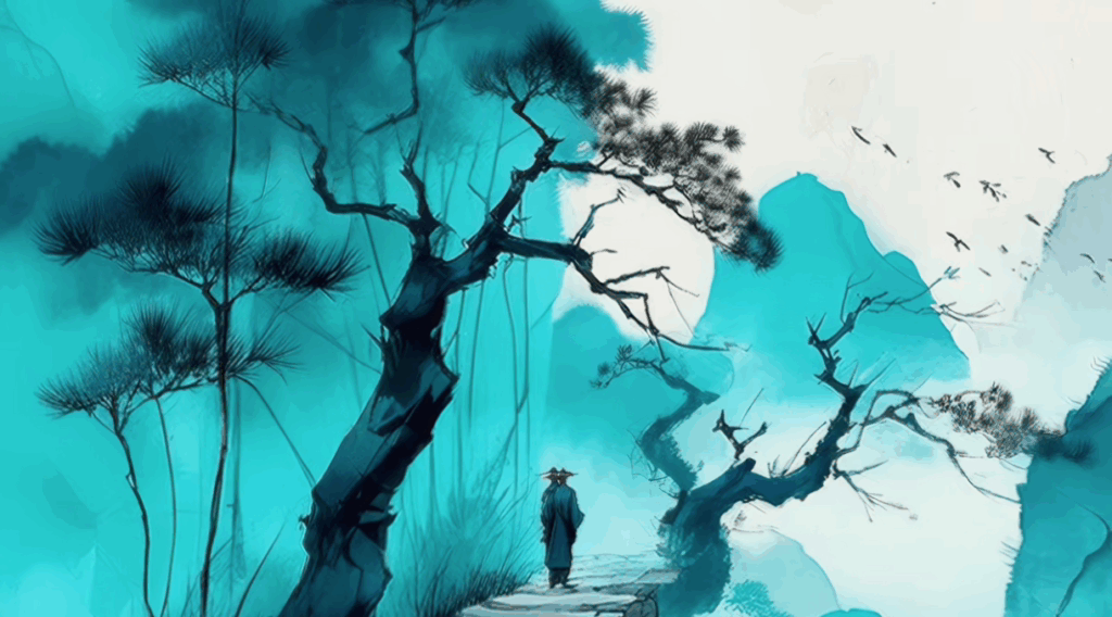 A traditional ink-wash painting of a lone robed traveler walking a mountain path flanked by ancient pine trees, showcasing long-form 4K trippy visuals for deep relaxation.